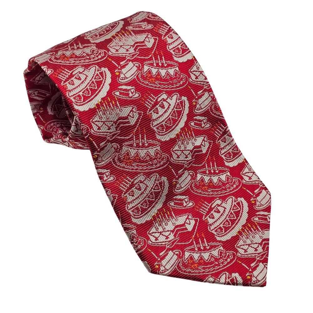 Ben Silver Silk Novelty Birthday Cake Tie Red Handmade in Italy Luxury Party Y2K